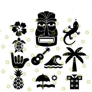 Aloha SVG Bundle, Hang Ten Hand SVG, Palm Tree SVG, Pineapple Fruit SVG, Tiki Head SVG, Aloha Icons SVG, SVG Cut File