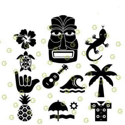 Aloha SVG Bundle, Hang Ten Hand SVG, Palm Tree SVG, Pineapple Fruit SVG, Tiki Head SVG, Aloha Icons SVG, SVG Cut File