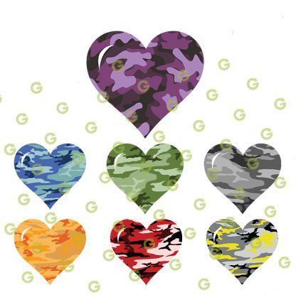 Camouflage Hearts SVG Bundle, Purple Camo Heart, Blue Camo Heart, Green Camo Heart, Orange Camo Heart, Red Camo Heart, Yellow Camo Heart