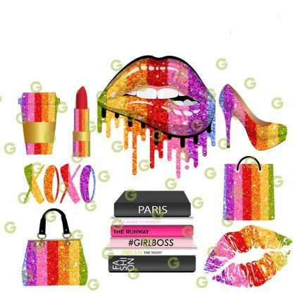 Rainbow Glitter SVG Bundle, Glitter Drip Lips, Rainbow High Heel Shoe, Fashion Books SVG, Glitter Kiss Lips, Rainbow Purse Svg, Glitter Shopping Bag, Fashion Sublimation