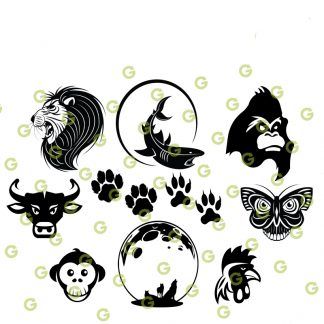 Wild Animal SVG Bundle, Lion Head Svg, Swimming Shark Svg, Ape Head Svg, Animal Paws Svg, Wolf and Moon Svg, Monkey Head Svg, Bull Head Svg