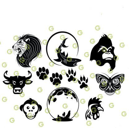 Wild Animal SVG Bundle, Lion Head Svg, Swimming Shark Svg, Ape Head Svg, Animal Paws Svg, Wolf and Moon Svg, Monkey Head Svg, Bull Head Svg