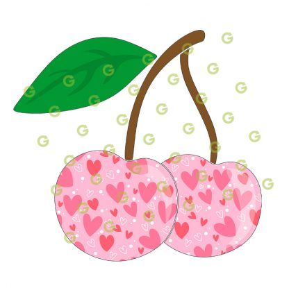 Fashion Cherries SVG, Hearts Pattern, Valentines Day Svg, Pink Cherries, Two Cherries Svg, Cherries and Stem, Cherry Sublimation Svg, Print and Cut