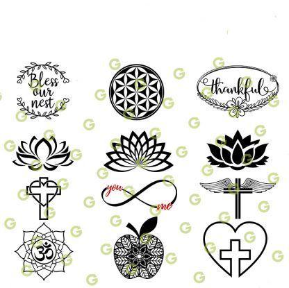 Spiritual Symbols SVG Bundle, Bless Our Next Svg, Thankful Svg, Flower of Life Svg, Cross with Wings, Om Symbol Svg, Heart Cross Svg, Lotus Flower Svg