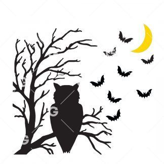 Halloween Owl In Tree With Bats SVG