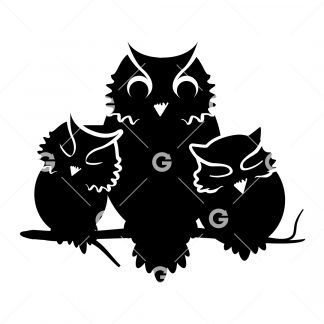 Three Owl Family on Tree Branch SVG