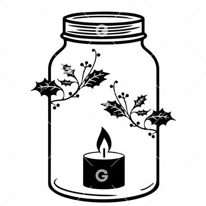 Mason Jar With Holly & Flame Candle SVG