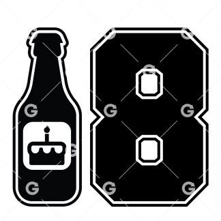 Birthday cut file t-shirt design that reads "18" with a beer bottle and cake label.