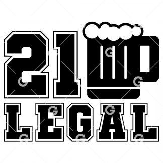 Birthday cut file t-shirt design that reads "21 Legal" with a mug of beer.
