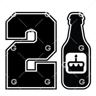Birthday cut file t-shirt design that reads "21" with a beer bottle and cake label.
