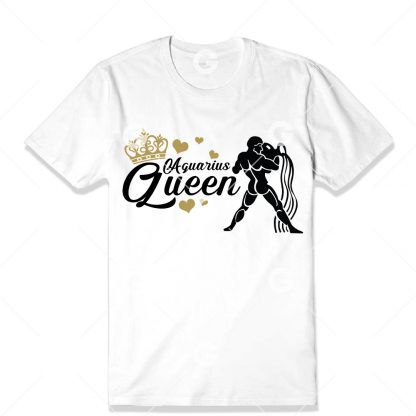 Birthday cut file t-shirt design that reads "Aquarius Queen" with astrology symbol, love hearts and a queen's crown.