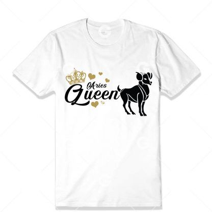 Birthday cut file t-shirt design that reads "Aries Queen" with astrology symbol, love hearts and a queen's crown.