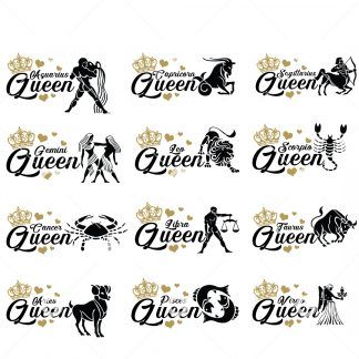 12 Astrology Birthday T-Shirt cut file design bundle include Aquarius Queen, Capricorn Queen, Sagittarius Queen, Gemini Queen, Leo Queen, Scorpio Queen, Cancer Queen, Libra Queen, Taurus Queen, Aries Queen, Pisces Queen and Virgo Queen. Each with a Queen's crown and love hearts with matching astrology symbol. 