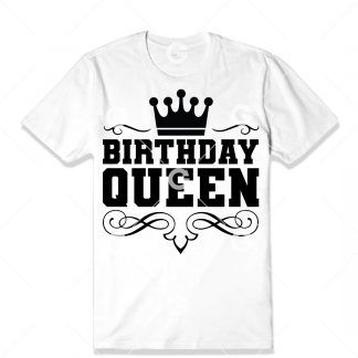 Birthday cut file t-shirt design that reads "Birthday Queen" with a queen's crown.