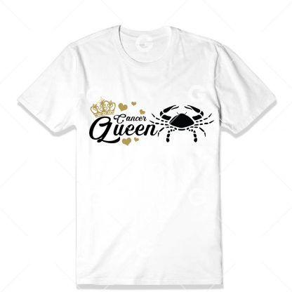 Birthday cut file t-shirt design that reads "Cancer Queen" with astrology symbol, love hearts and a queen's crown.