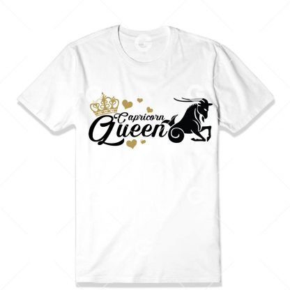 Birthday cut file t-shirt design that reads "Capricorn Queen" with astrology symbol, love hearts and a queen's crown.