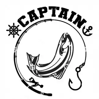 Animal cut file design that reads "Captain" with a circle fishing rod, fish, ship wheel and an anchor.