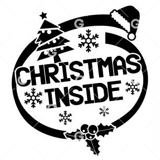Christmas cut file design that reads "Christmas Inside" with Santa hat, Christmas Tree and snowflakes. 