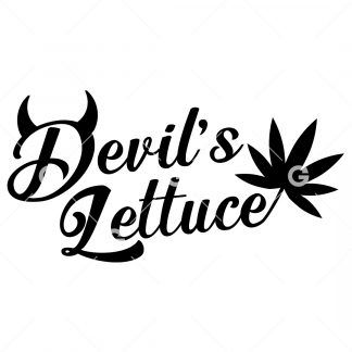 Marijuana cut file decal design that reads "Devil's Lettuce" with devil horns and a pot leaf.
