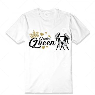 Birthday cut file t-shirt design that reads "Gemini Queen" with astrology symbol, love hearts and a queen's crown.