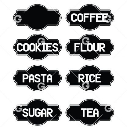 8 Kitchen Jar Labels cut file design bundle includes Coffee Label, Cookies Label, Flour Label, Pasta Label, Rice Label, Sugar Label, Tea Label and a blank label for your own custom text. 