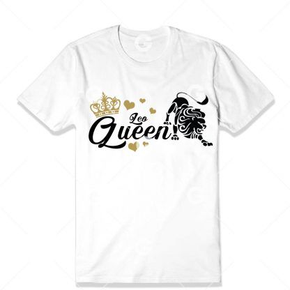 Birthday cut file t-shirt design that reads "Leo Queen" with astrology symbol, love hearts and a queen's crown.