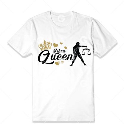 Birthday cut file t-shirt design that reads "Libra Queen" with astrology symbol, love hearts and a queen's crown.