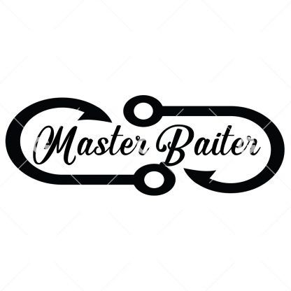 Funny cut file decal design that reads "Master Baiter" with two fish hooks.