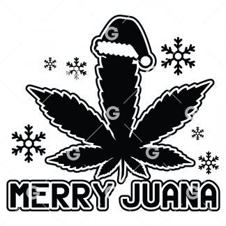 Christmas cut file decal design that reads "Merry Juana" with a pot leaf, Santa hat and snowflakes.