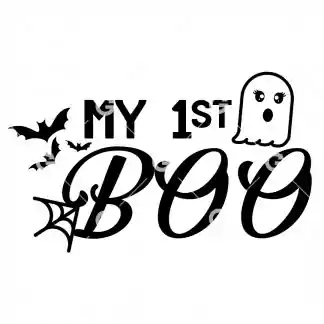 Halloween cut file decal design that reads "My First Boo" with flying bats, cute ghost and spider web. 