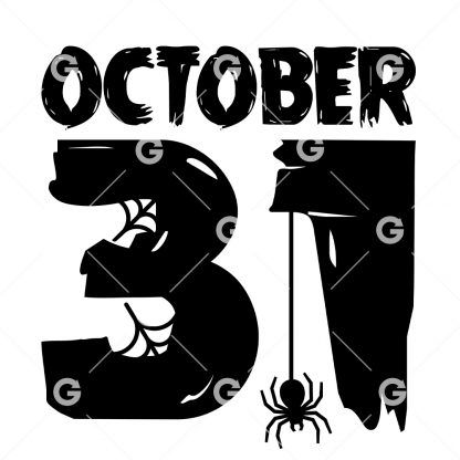 Halloween cut file sign design that reads "October 31" with a spider and spider webs.