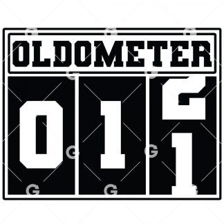 Birthday cut file t-shirt or decal design that reads "Oldometer 11" with a odometer for eleven years old.