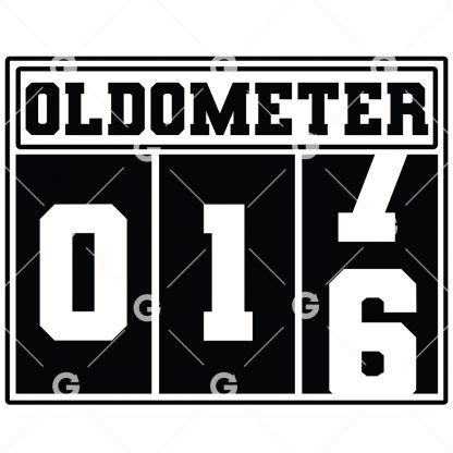 Birthday cut file t-shirt or decal design that reads "Oldometer 16" with a odometer for sixteen years old.