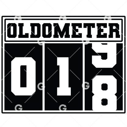 Birthday cut file t-shirt or decal design that reads "Oldometer 18" with a odometer for eighteen years old.