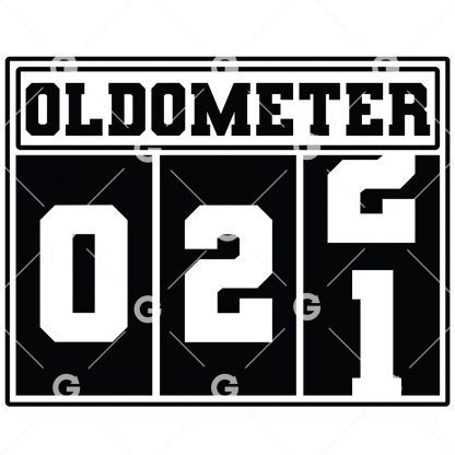 Birthday cut file t-shirt or decal design that reads "Oldometer 21" with a odometer for twenty one years old.