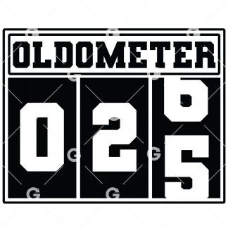 Birthday cut file t-shirt or decal design that reads "Oldometer 25" with a odometer for twenty five years old.