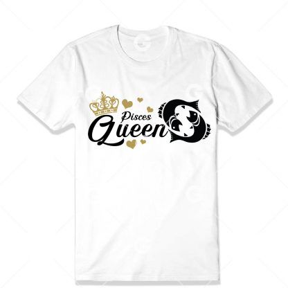 Birthday cut file t-shirt design that reads "Pisces Queen" with astrology symbol, love hearts and a queen's crown.