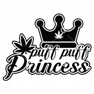 Funny marijuana cut file decal design that reads "Puff Puff Princess" with weed crown and pot leaf.