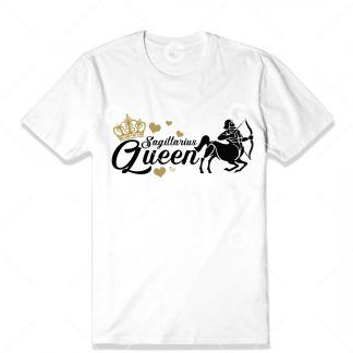 Birthday cut file t-shirt design that reads "Sagittarius Queen" with astrology symbol, love hearts and a queen's crown.