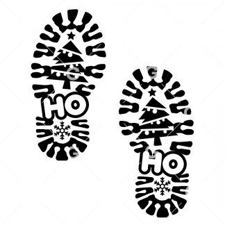 Christmas cut file design that reads "Ho Ho" with Santa Boots, Christmas Tree and Snowflakes.