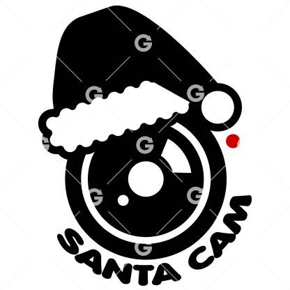 Christmas cut file design that reads "Santa Cam" with a Santa hat on a camera lens. 