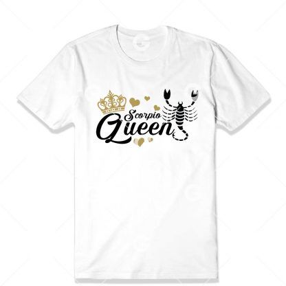 Birthday cut file t-shirt design that reads "Scorpio Queen" with astrology symbol, love hearts and a queen's crown.