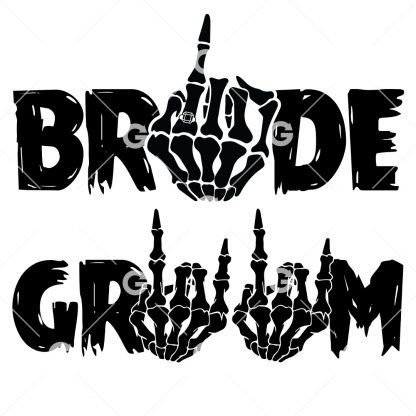 Wedding cut file design that reads "Bride" with a skeleton hand with a ring and "Groom" with two skeleton hands.