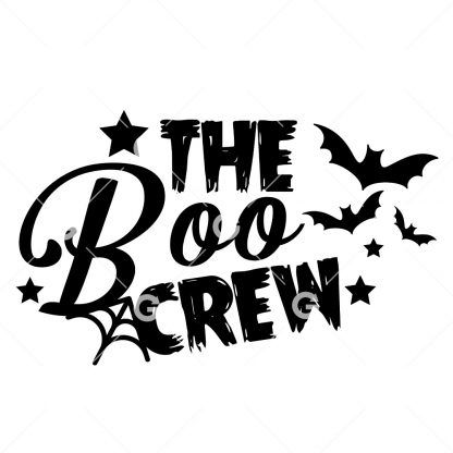 Funny Halloween cut file sign design that reads "The Boo Crew" with flying bats, stars and a spider web.