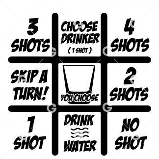 Drinking game cut file design of Tic Tac Tow with a "you choose" shot glass in the middle. 