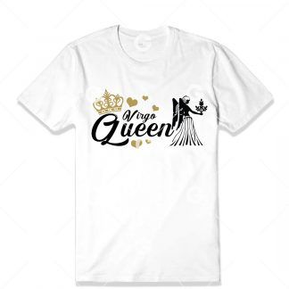 Birthday cut file t-shirt design that reads "Virgo Queen" with astrology symbol, love hearts and a queen's crown.