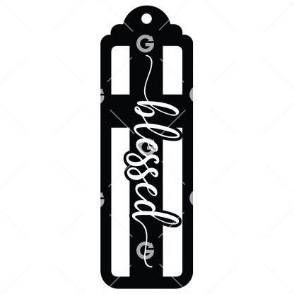 Bookmark template SVG design with a cross that reads "Blessed" and a tassel hole.