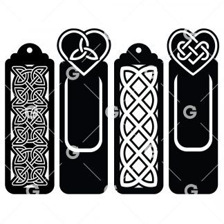 Celtic Pattern Bookmark Template SVG Bundle includes Celtic Knot Pattern Bookmark, Simple Celtic Heart Bookmark, Celtic Pattern Bookmark and Celtic Heart Bookmark templates.