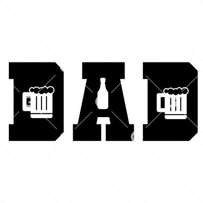 Funny cut file design that reads "Dad" with beer mugs and bottle of beer.
