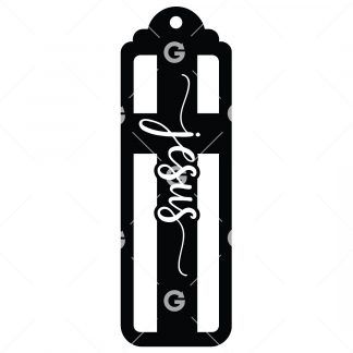 Bookmark template SVG design with a cross that reads "Jesus" and a tassel hole.